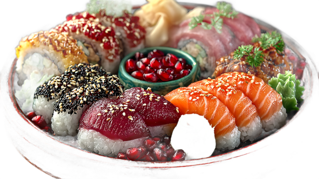 Assorted Sushi Platter with Colorful Rolls and Fish