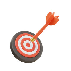 3D rendering of a dart hitting the bullseye of a target representing success and goals achieved