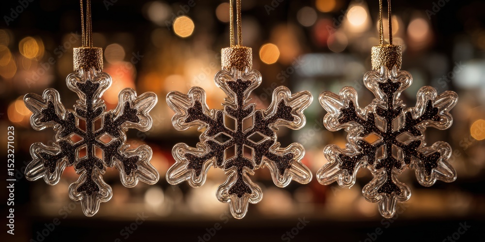 Wall mural three transparent snowflake ornaments hanging from a string on a wooden table with soft natural ligh