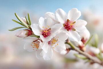Naklejka premium Delicate white blossoms on a branch, symbolizing spring, purity, and new beginnings. Soft, airy aesthetic perfect for nature, beauty, or wellness themes.