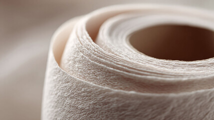 Macro shot of a soft, textured paper roll. Symbolizes cleanliness, comfort,  household essentials. Use for ads about hygiene, care products, or resourcefulness.