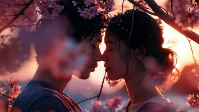 A couple is kissing under a tree with pink blossoms. Scene is romantic and intimate