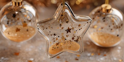 Fototapeta premium Three transparent glass ornaments with gold star decorations hanging against a white background.