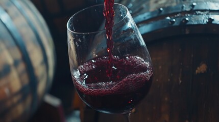 Red wine being poured into a glass, surrounded by wooden barrels