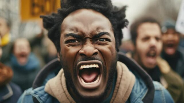 An outraged African American male with dreadlocks demonstrates against injustice, part of a diverse group protesting for civil rights.