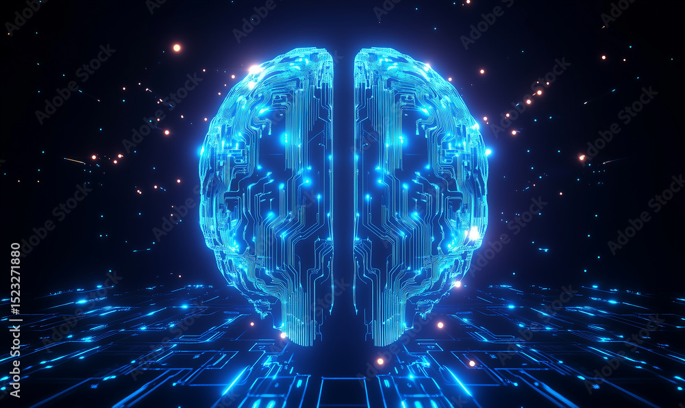 Poster glowing brain made from a circuit board with a background of dark space and stars