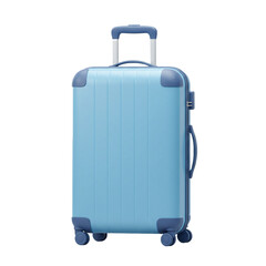 A vibrant 3D rendered image of a light blue suitcase on a white background travel concept