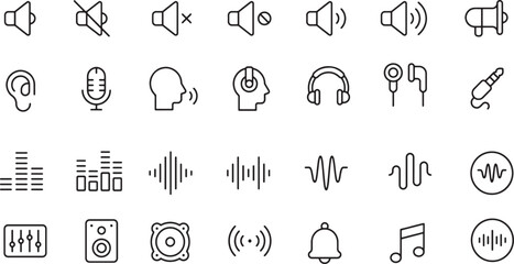 Thin line icon set of audio sound volume music level. Symbol collection. Pixel perfect icons, editable stroke.