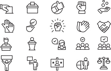Thin line icon set of voting election politics democracy campaign solidarity. Symbol collection. Pixel perfect icons, editable stroke.