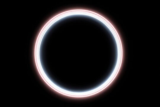 A glowing neon frame in the shape of a circle is set on a black background and accompanied by pink and blue light trails