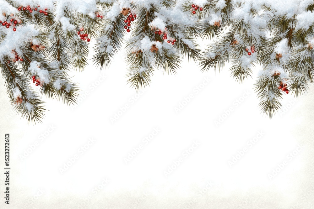 Poster snow-covered branch with red berries against a blurred winter background in soft daylight.