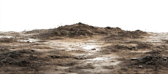 A desolate, uneven expanse of dark brown soil, damp in patches, with a central mound