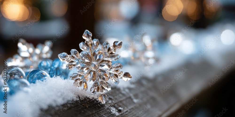 Wall mural close-up of a delicate snowflake resting on a textured wooden bench in soft daylight.