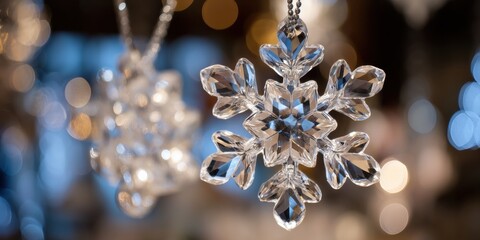 Clear crystal snowflakes hanging on a string against a white background, bright winter decoration.