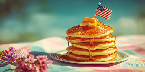 Independence Day brunch: golden pancakes drizzled with honey and flagged