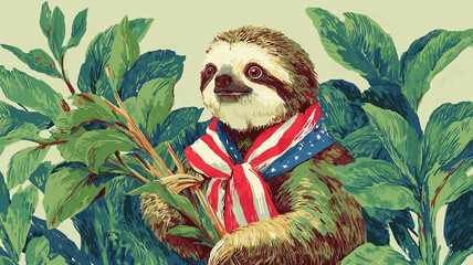 Sleepy sloth wearing an American flag bandana and holding a little flag, vintage illustration style with relaxed charm and soft pastels