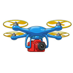 Cartoon illustration of a blue drone with a red camera isolated on white background
