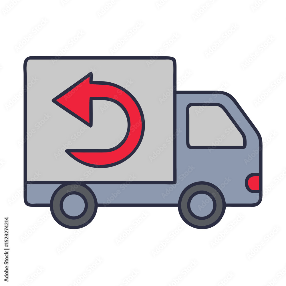 Poster return truck icon with circular arrow in flat design for returns management