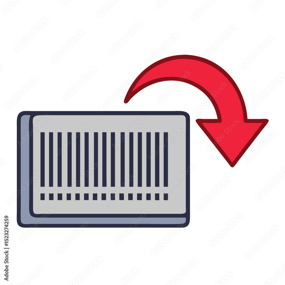 Poster barcode return icon with downward arrow in flat design for returns management