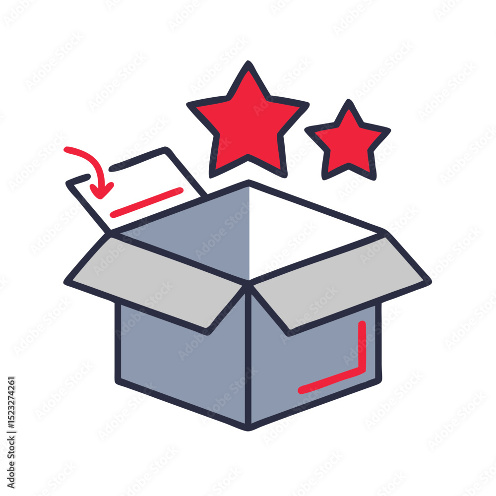 Poster unbox review icon with stars and checklist in flat design for returns management