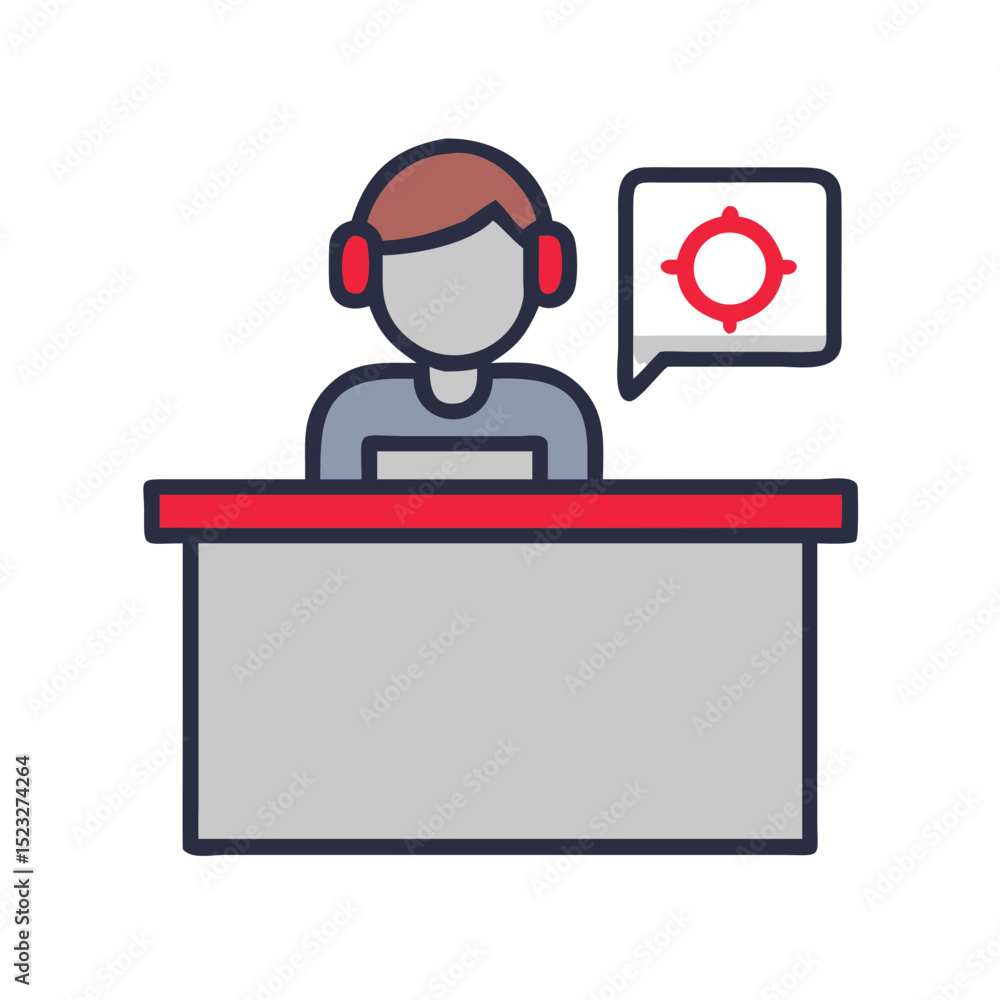 Poster customer service desk icon with support representative and speech bubble in flat design for returns 