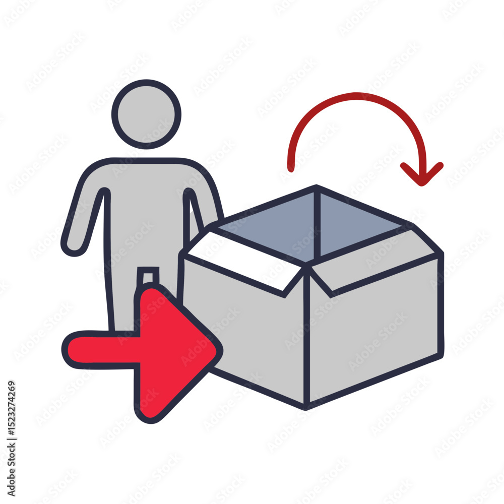 Poster customer returning item icon with bag and downward arrow in flat design for returns management
