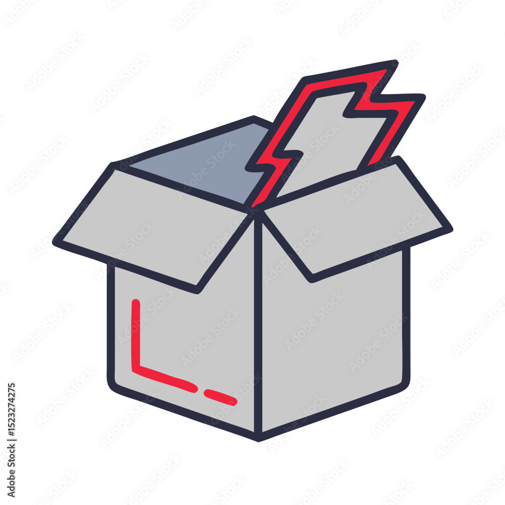 Poster damaged box icon with torn insert in flat design for returns management
