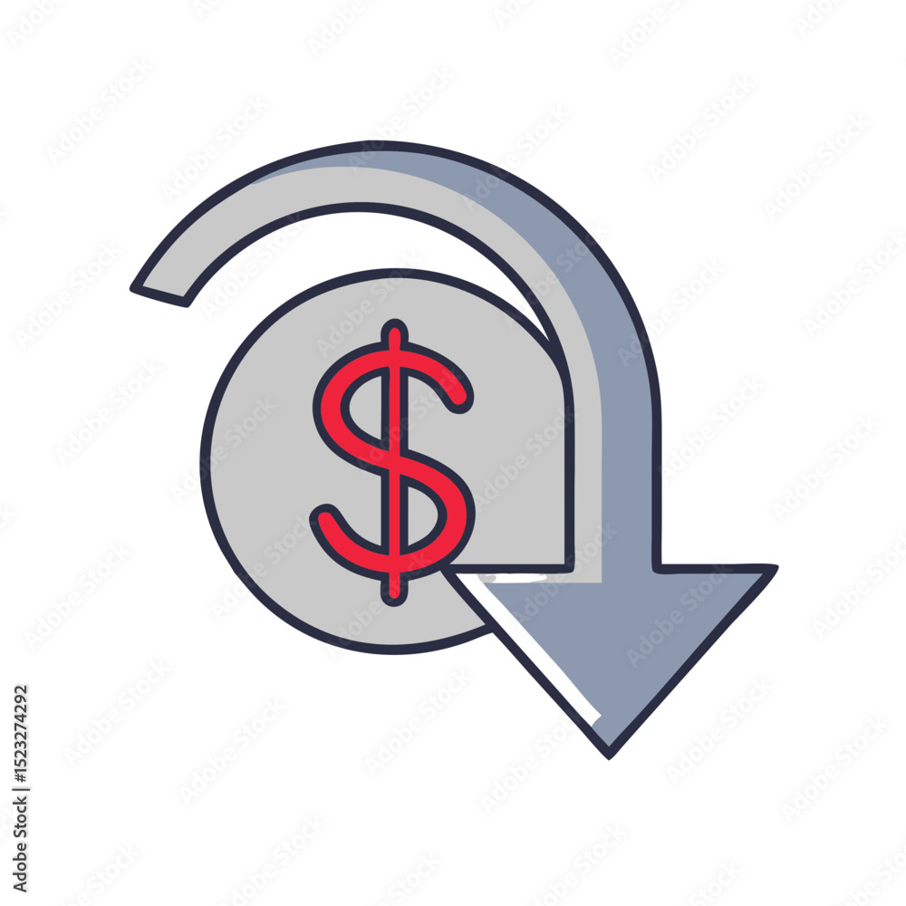 Poster declined return symbol with dollar sign and downward arrow in flat design for returns management