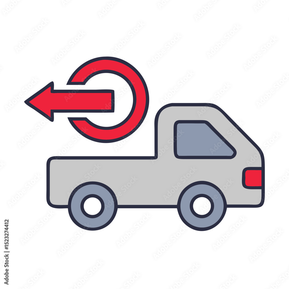 Poster return pickup icon with truck and circular arrow in flat design for returns management