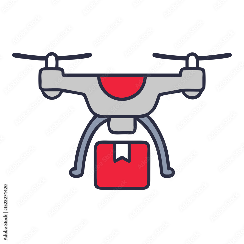 Poster return by drone icon with package in flat design for returns management