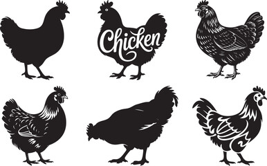 Fototapeta premium Collection Of Chicken Icon Set In Black And White Featuring Hen Silhouettes For Farm Animal Poultry Agriculture Food And Rustic Design Themes