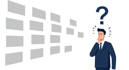 man in blue suit standing in front of choosing options or multiple pat, confused look on face, question mark above head, paradox of choice concept, minimal style, vector illustration
