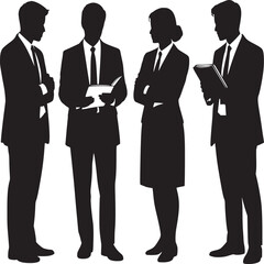 Silhouette of four people with microphones interviewing a woman holding a document in her hands