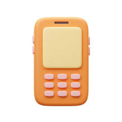 3D rendered illustration of a retro-style mobile phone with an orange and yellow design