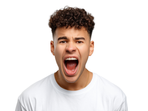 Unleashing Intensity: A Young Man's raw emotion erupts in a face of pure intensity, lips parted in a silent roar of outrage and anger. Every facial feature is concentrated.