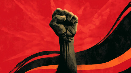Red dramatic poster with raised fist and Juneteenth banner