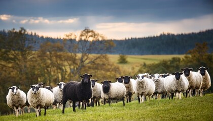 Obraz premium distinct black sheep among white flock contrasting characteristics in a serene countryside