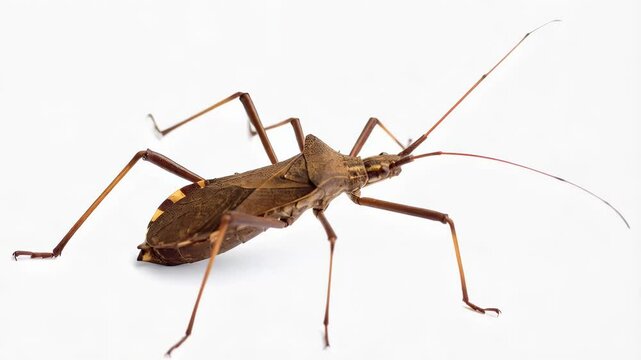 Detailed view of a brown leaf-footed bug with long antennae and legs, isolated against a seamless white background, studio shot showing exoskeleton detail.