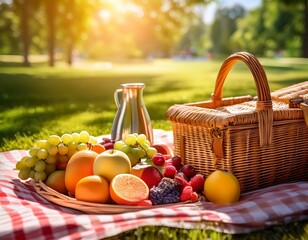 a vibrant picnic scene featuring fresh fruits and a basket on a sunny day outside