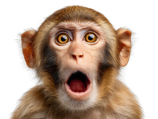 Surprised Monkey Close Up: A close-up shot of a young monkey's face, expressing pure surprise or shock with its mouth wide open and eyes wide. The fur is light brown.