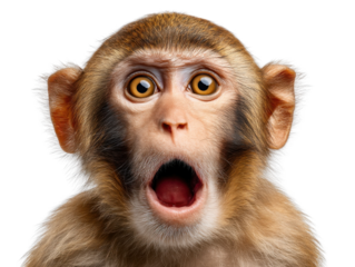 Surprised Monkey Close Up: A close-up shot of a young monkey's face, expressing pure surprise or shock with its mouth wide open and eyes wide. The fur is light brown.