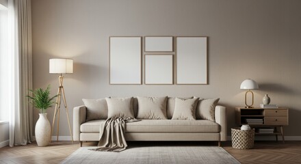 Gallery Wall with Multiple Blank Wood Frame Mockups in a Modern Neutral Living Room