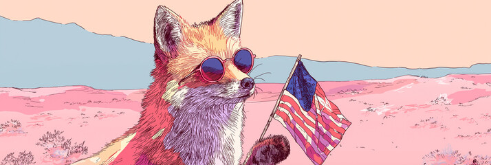 Stylish fox sporting spectacles and twin flags for Independence Day