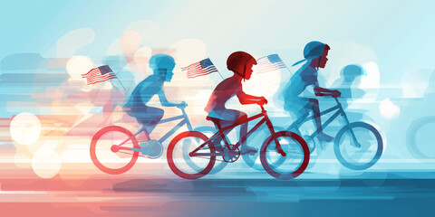 Playful scene of children cycling with flag-trimmed spokes and fluttering banners, soft pastel sky and energetic blur for a summertime feel