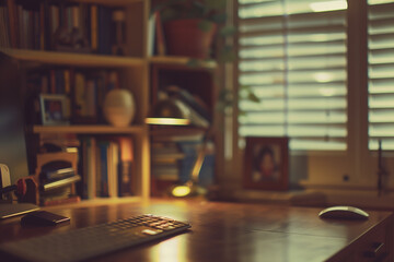 A cozy workspace with a keyboard on a wooden desk, illuminated by sunlight filtering through blinds. Bookshelves add to the comfortable setting.
