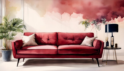 A modern living room features a plush red sofa with pillows, a plant, and a side table, all set against a watercolor-style wall