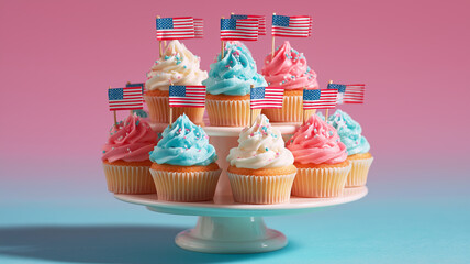 Pastel cupcake tower layered with tri-color frosting and tiny flag toppers, subtle chromatic aberration on the cream peaks for visual pop