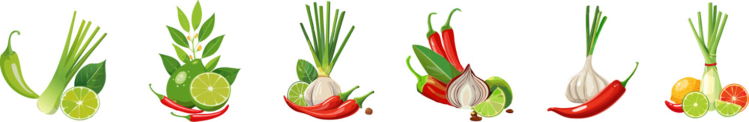 Collection of fresh herbs and spices for cooking, including chilies, garlic, kaffir lime leaves, and spring onions