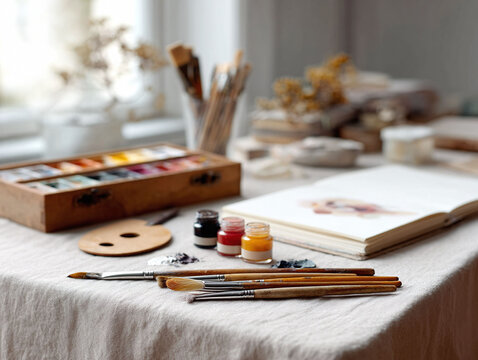 A painters table featuring art supplies brushes, paints and sketchbooks in a soft, bright light. Evokes creativity, hobby, relaxation, and artistic expression. Ideal for blogs or ads. - Powered by Adobe