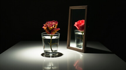 Faded rose reflects youth in the mirror, illustrating the passage of time and beauty in transformation
